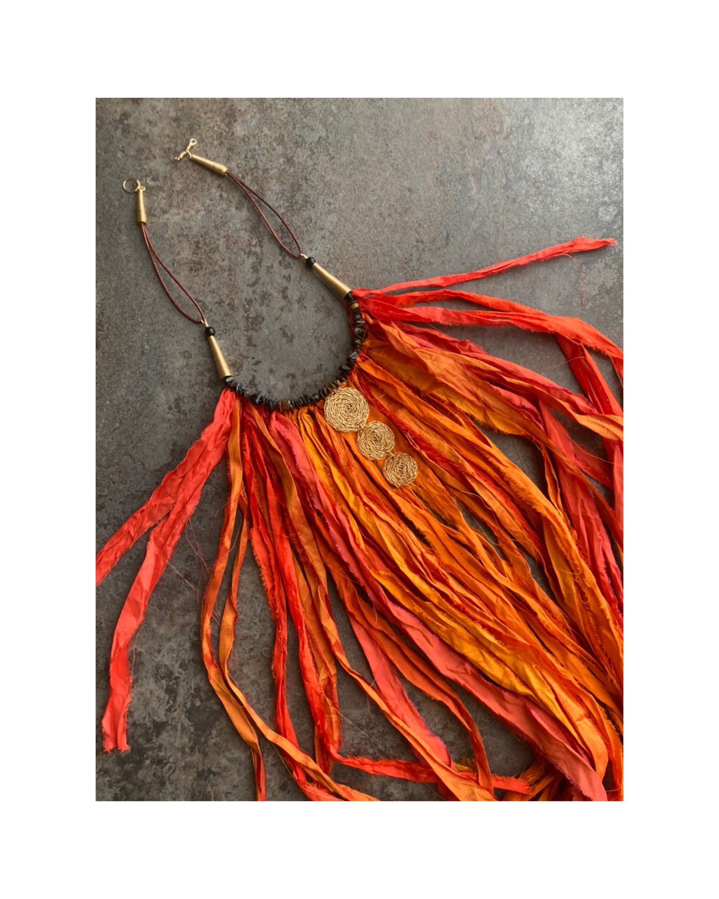 Cosmic Medallion Silk Fringe Triple Disc Statement Necklace Tigers Eye Gemstone Necklace