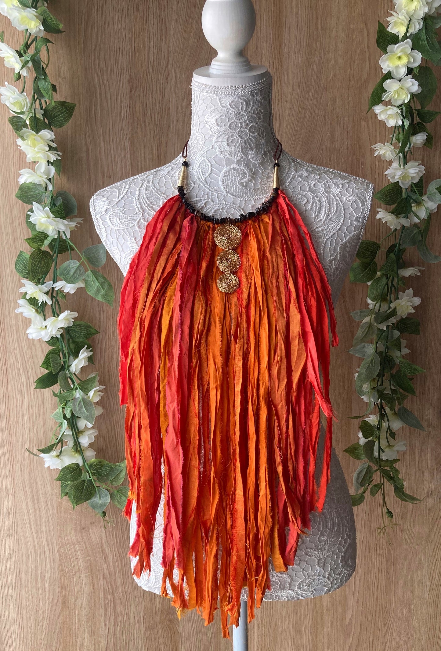 Cosmic Medallion Silk Fringe Triple Disc Statement Necklace Tigers Eye Gemstone Necklace
