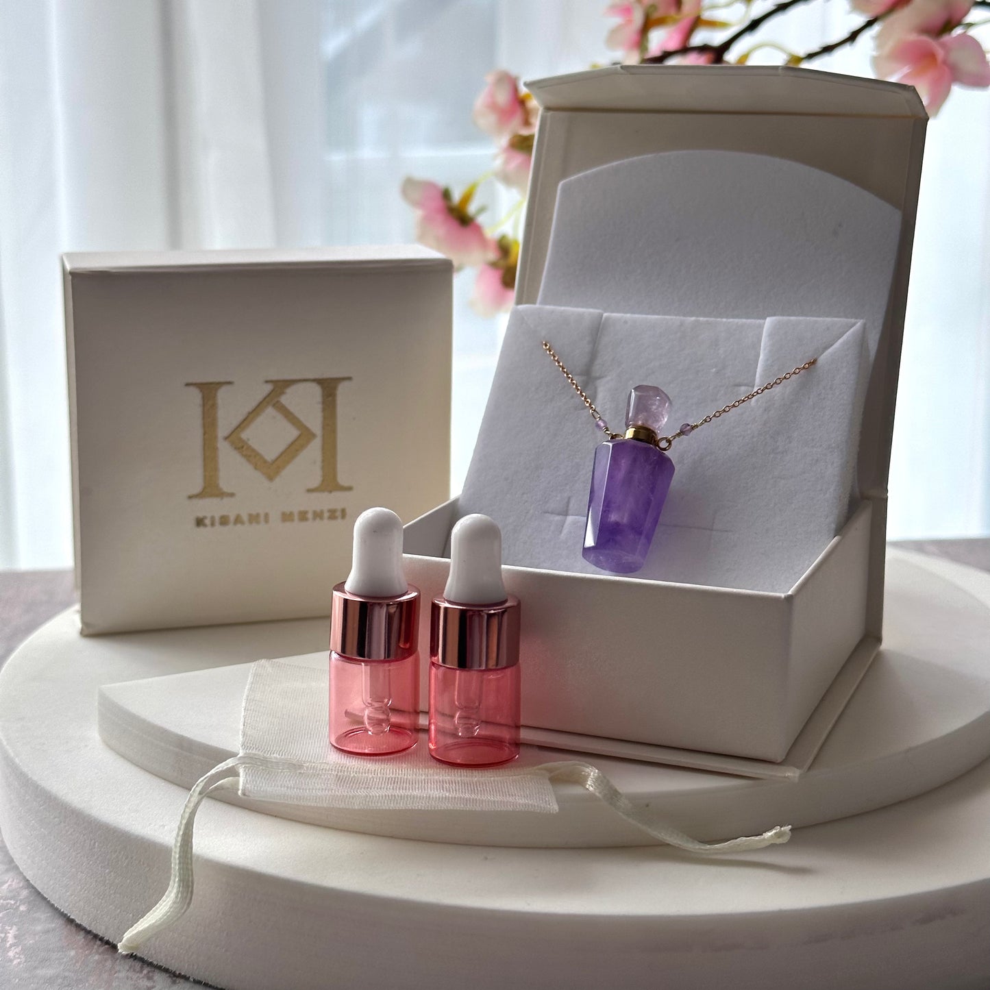 Amethyst Perfume Bottle Pendant Necklace & Essential Oils Set