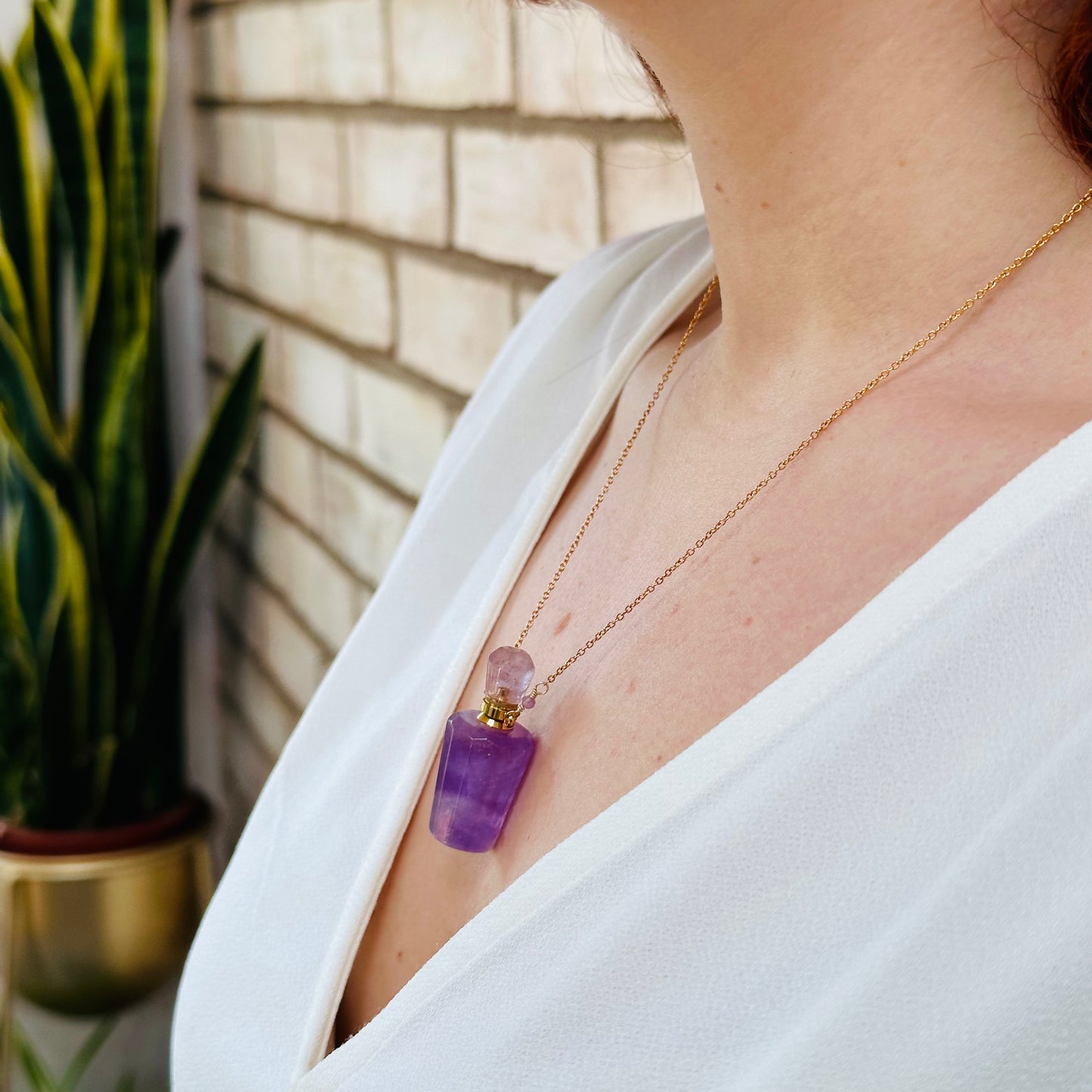 Amethyst Perfume Bottle Pendant Necklace & Essential Oils Set