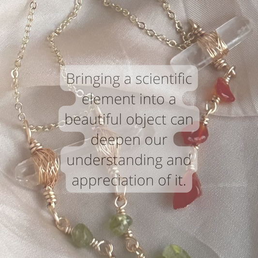 Clear Quartz, peridot, rose quartz, garnet, citrine, amethyst pendant necklaces dangling in front of a cream coloured background 