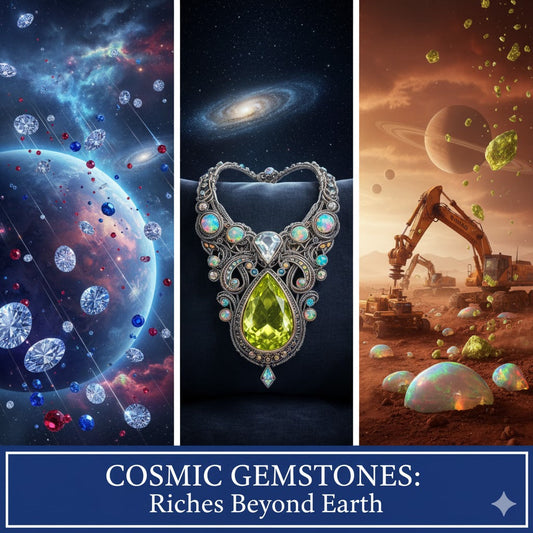 cosmic gemstones sparkling from a planet beyond earth. diamonds sapphire rubies rain from an interstellar sky peridot and opals showcased intricately designed pendant
