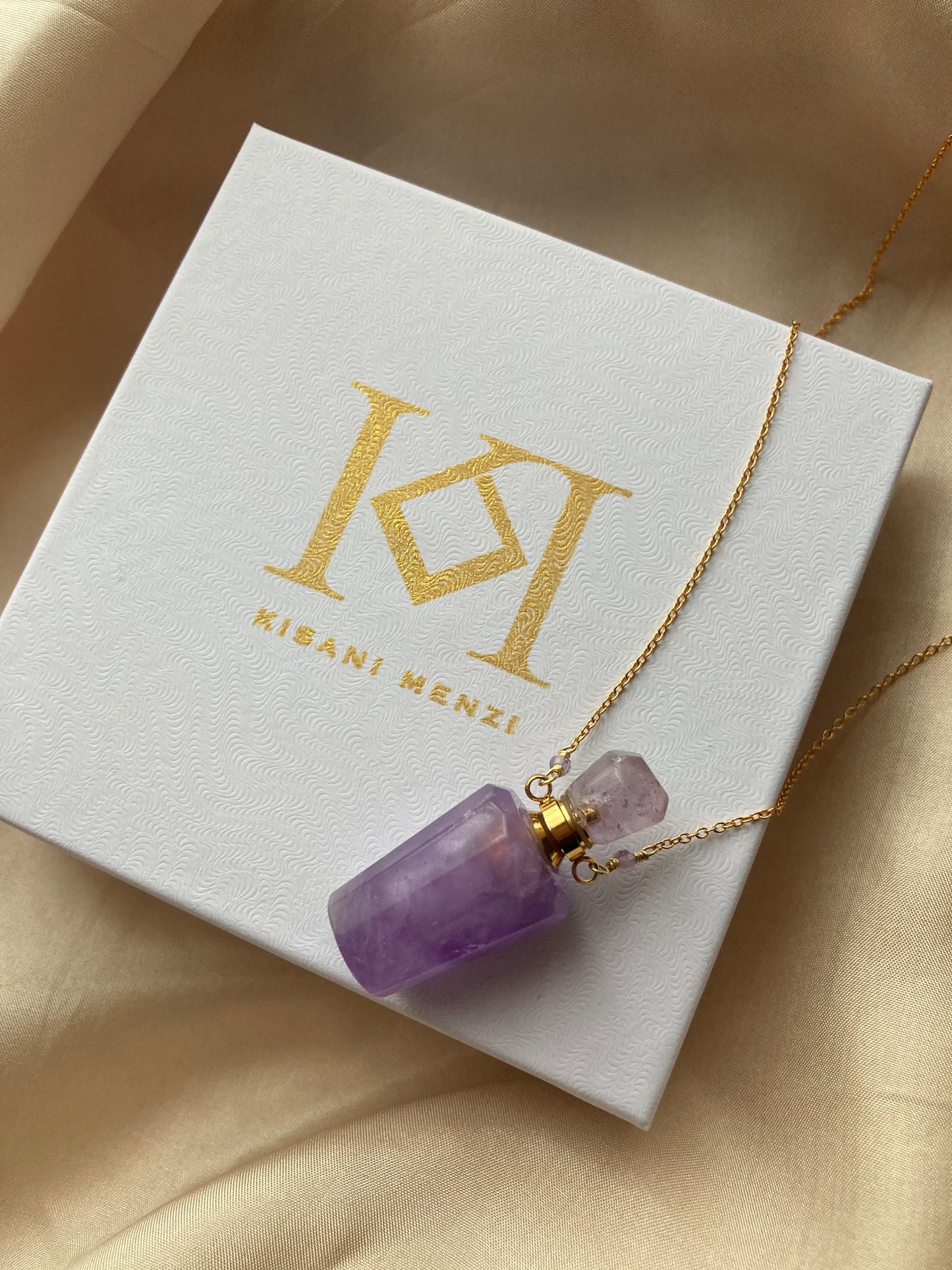 Amethyst Perfume Bottle Pendant Necklace & Essential Oils Set