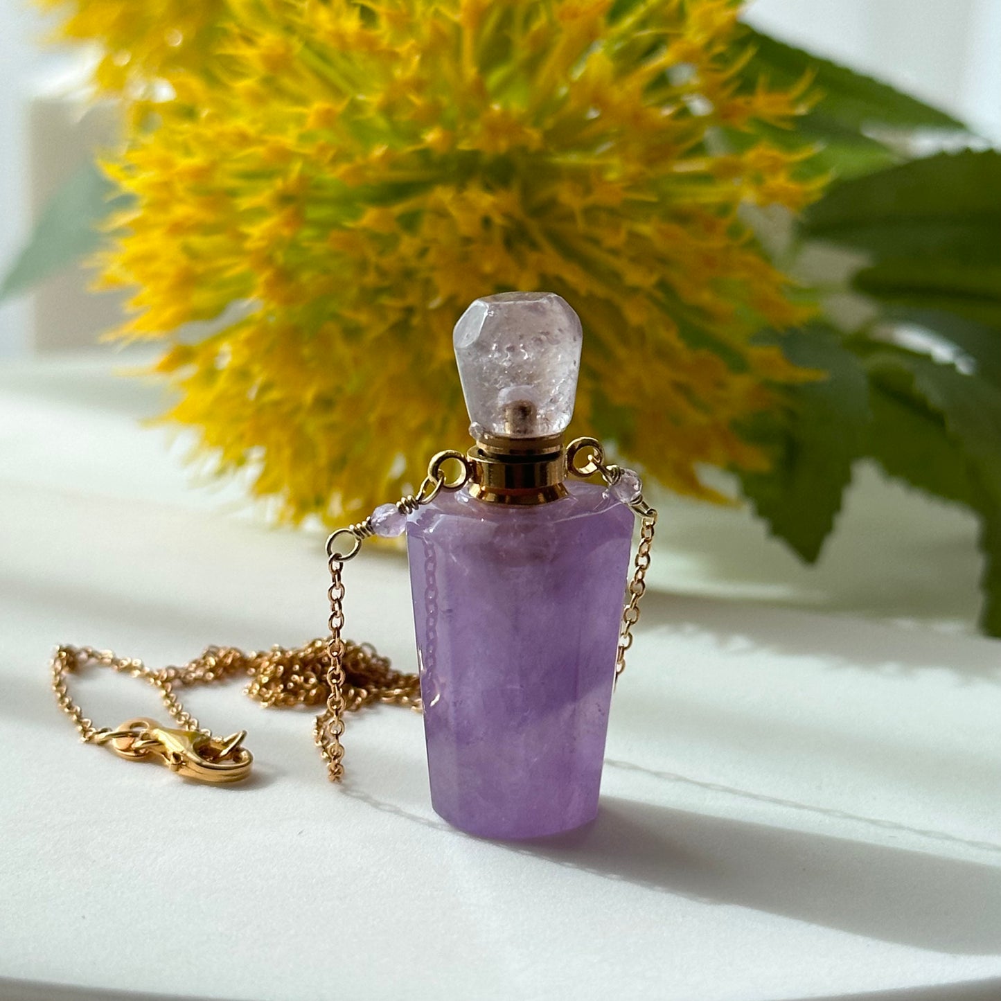 Amethyst Perfume Bottle Pendant Necklace & Essential Oils Set